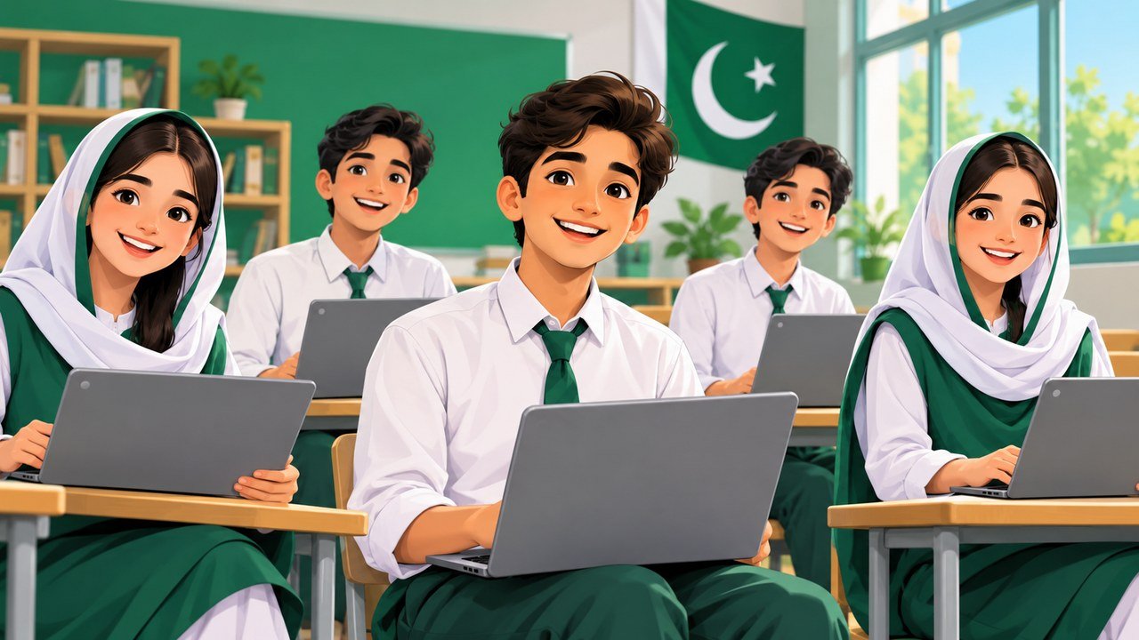 Pakistani school students using Chromebooks in a bright classroom